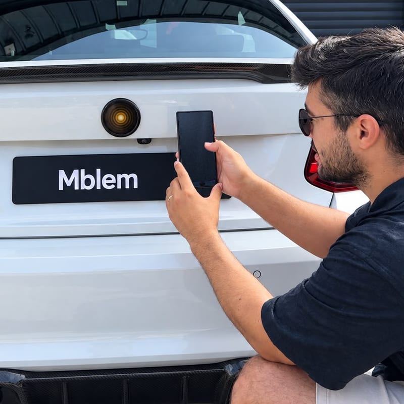 The founder of MBLEM crouching behind a stationary white car, holding a phone next to the lit emblem